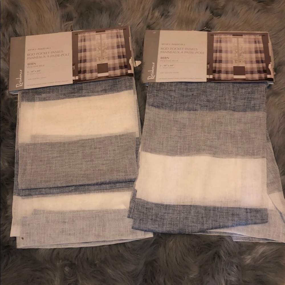 Rod pocket panels 38 x 84 inches. Blue white and gray striped. 4 panels in total